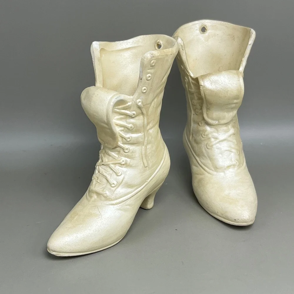 Vtg Victorian Ceramic Boot Wall Pocket Vases Cream Pearlized Pair 3.25